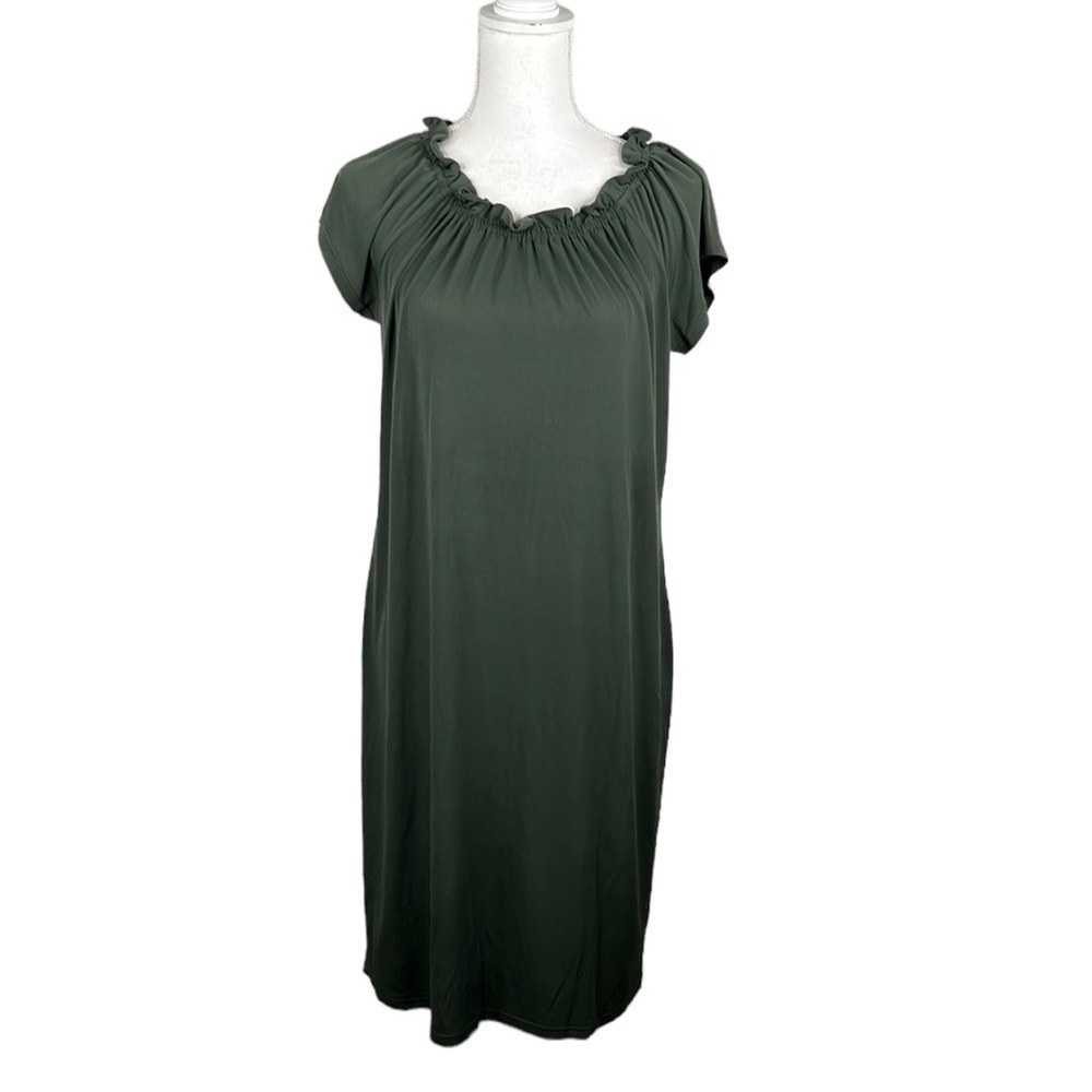 Isaac Mizarahi Olive Green Ruffle Neck Short Sleeve Midi Dress Size Small